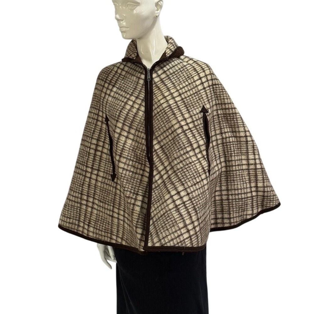 Vintage 60s 70s Reversible Wool Plaid Cape Poncho Brown Cream Zip Front